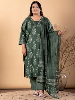 Readiprint - Plus Size Green Floral V-Neck Kurta with Palazzo and Dupatta