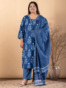 Readiprint - Plus Size Blue Floral V-Neck Kurta with Palazzo and Dupatta