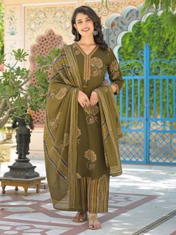 Readiprint - Women Olive Floral V-Neck Kurta with Palazzo and Dupatta