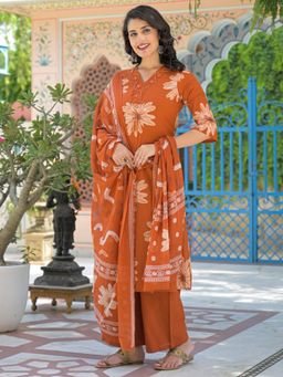 Readiprint - Women Brown Floral V-Neck Kurta with Pant and Dupatta