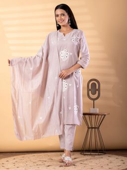 Readiprint - Women Purple Chanderi Silk Embroidered Kurta with Pant and Dupatta