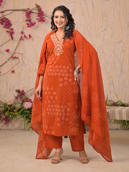 Readiprint - Women Orange Printed V-Neck Kurta with Palazzo and Dupatta