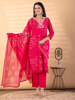 Readiprint - Women Pink Floral V-Neck Kurta with Pant and Dupatta