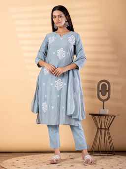 Readiprint - Women Blue Chanderi Silk Embroidered Kurta with Pant and Dupatta