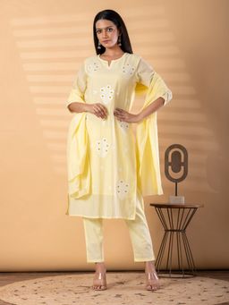 Readiprint - Women Yellow Chanderi Silk Embroidered Kurta with Pant and Dupatta