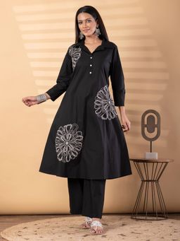 Readiprint - Women Black Embroidered Collar Neck Kurta with Palazzo