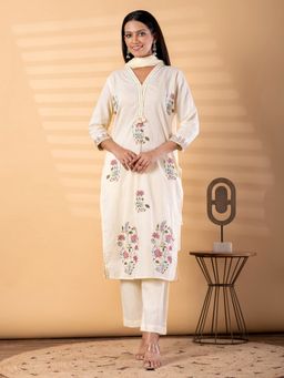 Readiprint - Women Cream Embroidered V-Neck Kurta with Pant and Dupatta