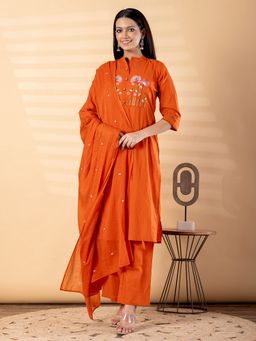 Readiprint - Womens Rust Embroidered Mandarin Neck Kurta with Palazzo and Dupatta