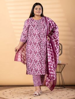 Readiprint - Plus Size Purple Self Design Kurta with Pant and Dupatta