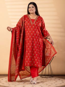 Readiprint - Plus Size Red Floral V-Neck Kurta with Pant and Dupatta