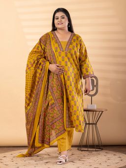 Readiprint - Plus Size Mustard Floral V-Neck Kurta with Pant and Dupatta