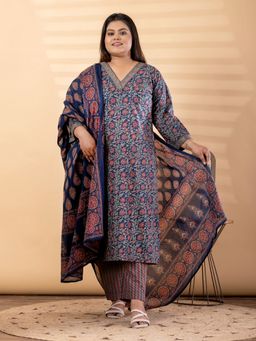 Readiprint - Plus Size Navy Blue Floral V-Neck Kurta with Pant and Dupatta