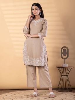 Readiprint - Women Beige Pure Cotton Embroidered V-Neck Co-ord Set
