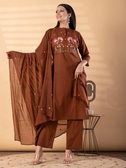 Readiprint - Womens Brown Embroidered Mandarin Neck Kurta with Palazzo and Dupatta