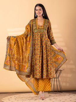 Readiprint - Women Mustard Pure Cotton Printed V-Neck Anarkali Kurta with Palazzo and Dupatta