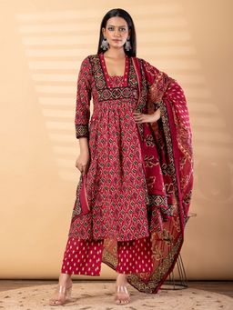 Readiprint - Women Pink Pure Cotton Printed V-Neck Anarkali Kurta with Palazzo and Dupatta