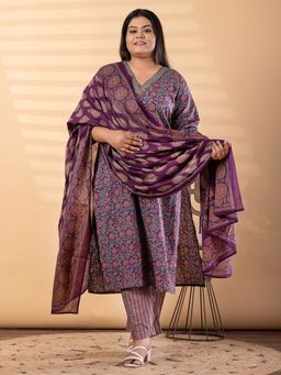 Readiprint - Plus Size Purple Floral V-Neck Kurta with Pant and Dupatta