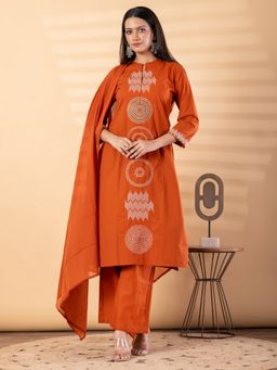 Readiprint - Women Rust Embroidered Mandarin Neck Kurta with Palazzo and Dupatta