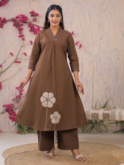Readiprint - Women Brown Embroidered V-Neck Kurta with Palazzo