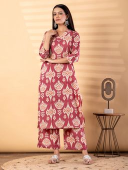 Readiprint - Women Peach Self Design V-Neck Kurta with Palazzo