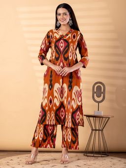 Readiprint - Women Rust Self Design V-Neck Kurta with Palazzo