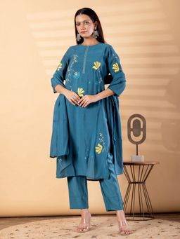 Readiprint - Women Teal Chanderi Silk Embroidered Crew Neck Kurta with Pant and Dupatta