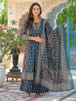 Readiprint - Women Teal Pure Cotton Paisley V-Neck Anarkali Kurta with Palazzo and Dupatta
