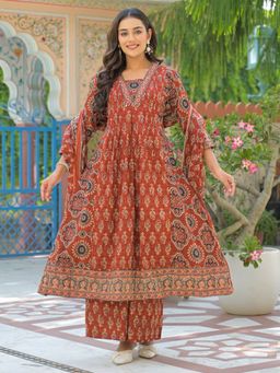 Readiprint - Womens Maroon Pure Cotton Paisley V-Neck Anarkali Kurta with Palazzo and Dupatta