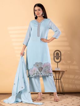 Readiprint - Women Blue Chanderi Silk Embroidered V-Neck Kurta with Palazzo and Dupatta
