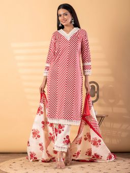 Readiprint - Women Red Printed V-Neck Kurta with Pant and Dupatta