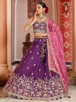 Panchhi - Tissue Fabric Purple Semi Stitched Lehenga with Blouse and Dupatta