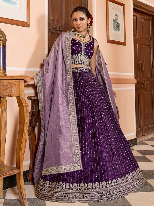 Panchhi Tissue Silk Fabric Purple Semi Stitched Lehenga with Blouse and Dupatta