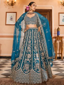 Panchhi - Net Fabric Teal Semi Stitched Lehenga with Blouse and Dupatta