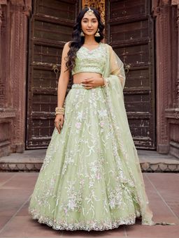 Panchhi - Net Fabric Green Semi Stitched Lehenga with Blouse and Dupatta