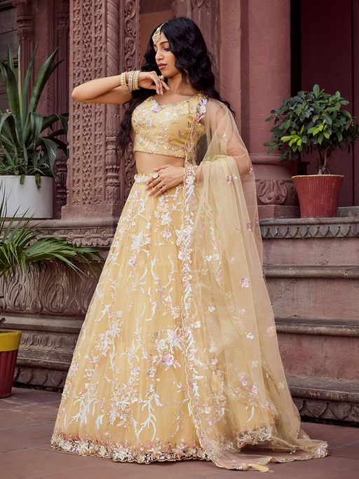 Panchhi Net Fabric Yellow Semi Stitched Lehenga with Blouse and Dupatta