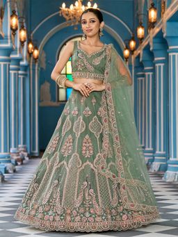 Panchhi - Net Fabric Green Semi Stitched Lehenga with Blouse and Dupatta