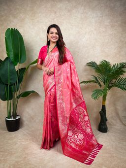 ELITE WEAVES - Pink Banarasi Jaal Zari Woven Silk Saree with Unstitched Blouse