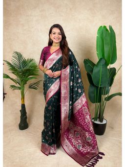 ELITE WEAVES - Green Banarasi Jaal Zari Woven Silk Saree with Unstitched Blouse