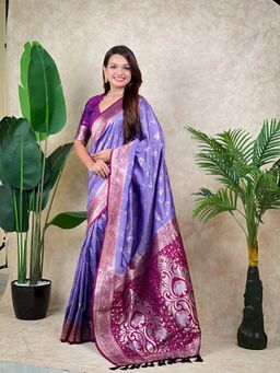 ELITE WEAVES - Lavender Banarasi Jaal Zari Woven Silk Saree with Unstitched Blouse