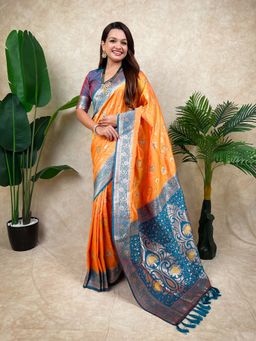 ELITE WEAVES - Orange Banarasi Jaal Zari Woven Silk Saree with Unstitched Blouse