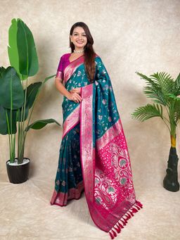 ELITE WEAVES - Teal Banarasi Jaal Zari Woven Silk Saree with Unstitched Blouse