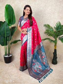 ELITE WEAVES - Pink Banarasi Jaal Zari Woven Silk Saree with Unstitched Blouse
