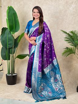 ELITE WEAVES - Purple Banarasi Jaal Zari Woven Silk Saree with Unstitched Blouse