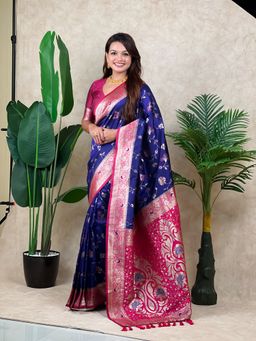 ELITE WEAVES - Blue Banarasi Jaal Zari Woven Silk Saree with Unstitched Blouse