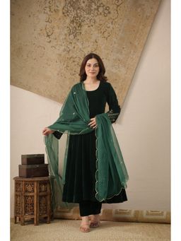 ONEWE INDIA - Women Embroidered Velvet Anarkali Kurta with Pant and Dupatta