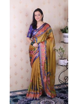 ELITE WEAVES - Gold Soft Tussar Silk Pichwai Printed Zari Woven Saree with Unstitched Blouse