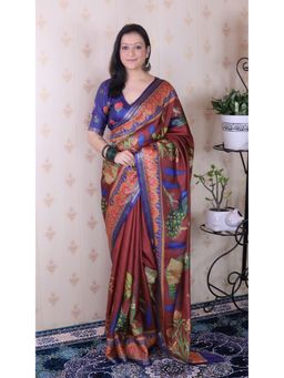 ELITE WEAVES - Brown Soft Tussar Silk Pichwai Printed Zari Woven Saree with Unstitched Blouse