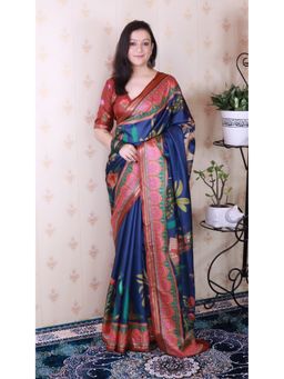 ELITE WEAVES - Blue Soft Tussar Silk Pichwai Printed Zari Woven Saree with Unstitched Blouse