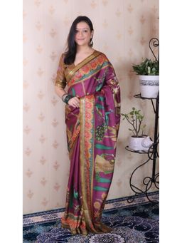 ELITE WEAVES - Purple Soft Tussar Silk Pichwai Printed Zari Woven Saree with Unstitched Blouse