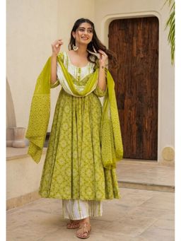 Wedani - Women Printed Cotton Green Angarkha Kurta with Palazzo and Dupatta